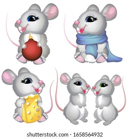 Cartoon set of cute happy gray mouse isolated on a white background. Cartoon vector illustration. Mouse with cheese, mouse with a Christmas ball, mouse in a bright blue scarf and two friendly mice.