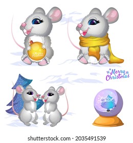 Cartoon set of cute happy gray mouse isolated on a white background. Cartoon vector illustration. Mouse with a Christmas ball, mouse in a bright scarf and two friendly mice.