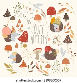 Cartoon Set with Cute Hedgehogs, Mushrooms and Colorful Autumnal Leaves