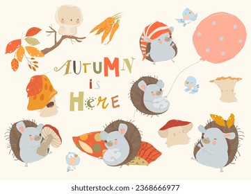 Cartoon Set with Cute Hedgehogs, Mushrooms and Colorful Autumnal Leaves