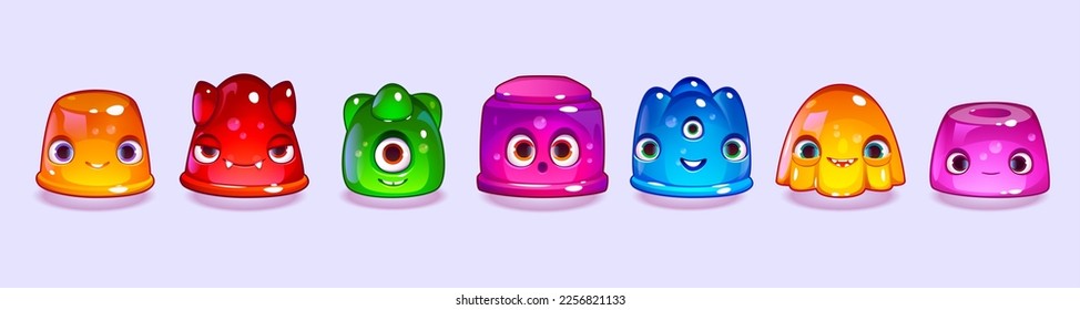 Juego de dibujos animados de personajes adorables del juego de gelatina aislados en segundo plano. Ilustración vectorial de criaturas divertidas de limo con ojos grandes, dientes monstruo, diferentes emociones. Alienígenas del gel simple y colorido sonriendo