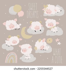 Cartoon Set with Cute Lambs sleeping on Clouds