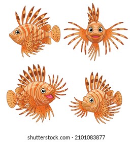 Cartoon Set of Cute Lionfish in various poses