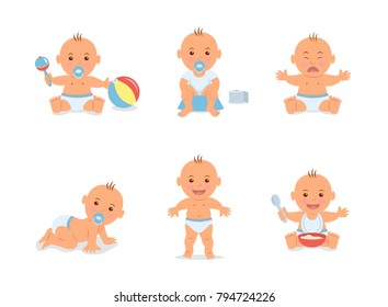 Cartoon set with cute little babies in diaper. Happy toddler plays with toy, child learning to walk, baby crying, child sits on potty, toddler crawling on the floor. Vector illustration in flat style.