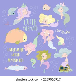 Cartoon Set with Cute Mermaids and Fuuny Fish