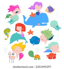 Cartoon Set with Cute Mermaids and Inhabitants of the Sea World on White Background