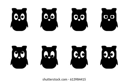 Cartoon set, cute Owl with different emotions, views. Simple flat style. Vector  Animals, nestling for games, animations, children's illustrations, element for the logo, corporate character, isolated
