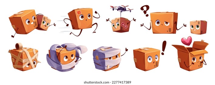 Cartoon set of cute parcel mascots isolated on white background. Vector illustration of delivery box smiling, sad, damaged, fast, lost, delivered by drone, with romantic gift inside. Courier service