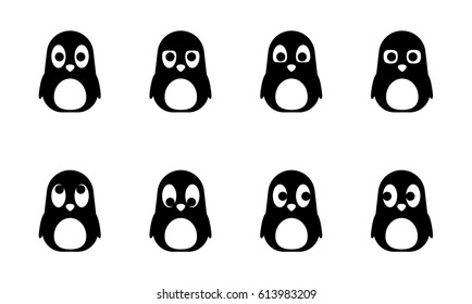 Cartoon set, cute penguin with different emotions, views in a simple flat style. Vector Waterfowl kit, Animals for games, children's illustrations, element for the logo, corporate character, isolated