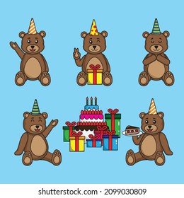 dibujos animados ponen una linda pose de oso de peluche y pastel de cumpleaños