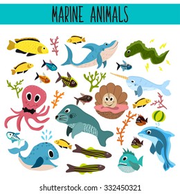 Cartoon Set of Cute sea Animals and living underwater in the waters of the seas and oceans .Shark, fish, piranha, octopus, ,manatee, whale, Dolphin, narwhal, corals and algae . Vector illustration