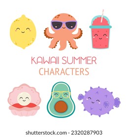 cartoon set of cute sea creatures, fruit and drink vector icons isolated on white background, kawaii style