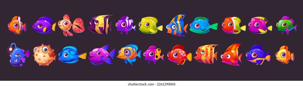 Cartoon set cute sea fish isolated dark background  Vector illustration ocean marine underwater animal characters and funny big eyes   smiles  Colorful tropical coral reef inhabitants