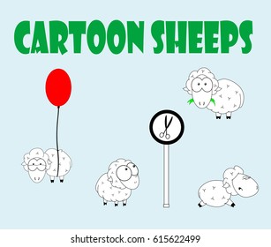 Cartoon set of cute sheep Standing, running and flying. Vector illustration.