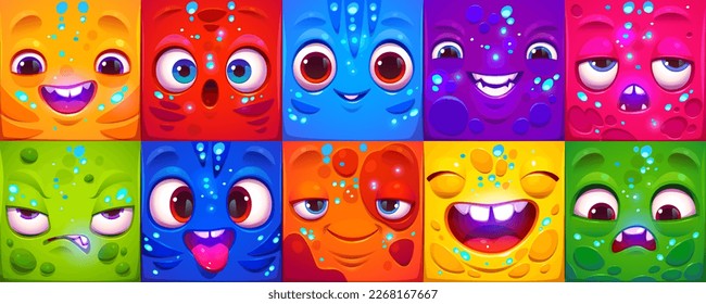 Cartoon set of cute square emoji with different emotions. Vector illustration of neon color funny faces smiling, angry, bored, scared, surprised, crazy, laughing. Game characters. Chat message symbols