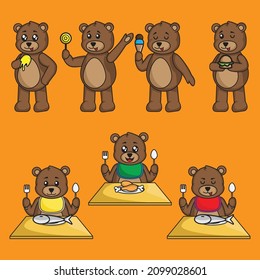 dibujos animados ponen un lindo oso de peluche en una pose diferente de comer