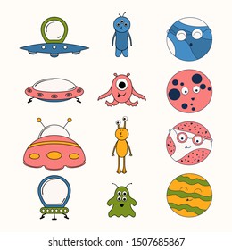 Cartoon set of cute ufo, smiley aliens and planets. Shuttle for space flights. Futuristic cosmic ship, globe and funny monster stickers for kids.