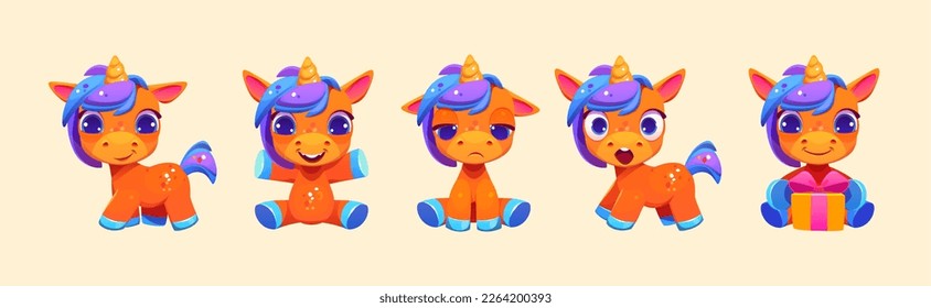 Cartoon set of cute unicorn isolated on background. Vector illustration of magic pony character with horn, colorful mane and different emotions. Sweet animal happy, smiling, sad, surprised by gift box