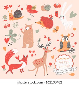 Cartoon set of cute wild animals in the forest: bear, fox, hedgehog, rabbit, snail, deer, owl, bird, mouse. Vintage childish set in vector.