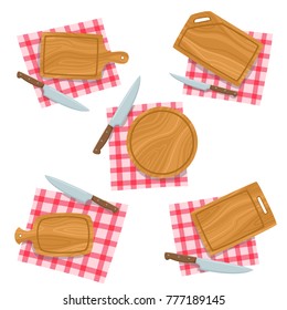 Dibujo con tabla de corte, cuchillo en servilleta roja aislado en fondo blanco usado para revista, libro, afiche, tarjeta, portada de menú, páginas web. Ilustración vectorial brillante de elementos de cocina.