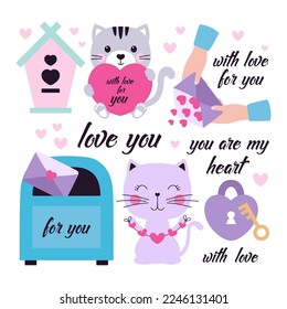 cartoon set with decor elements for valentines day, color vector flat illustration, romantic design for greeting card, print, poster