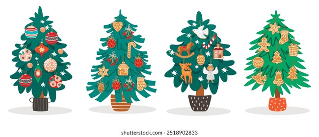 Cartoon set of  decorated Christmas trees in pots.Glass bubbles, gingerbread, branches of red berries, dried oranges, angel, horse, deer, house.Hand made and retro toys.Vector design for card,banner.