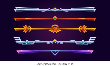 Cartoon set of decorative game dividers isolated on background. Vector illustration of medieval, royal and futuristic golden, silver, bronze, iron level items ornated with gemstones. UI design element svg