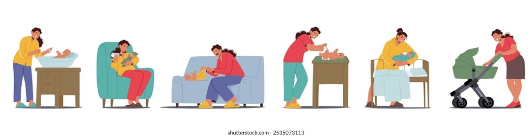 Cartoon Set Depicting Mother Involved In Different Activities With Her Newborn Baby Highlighting Parenting And Childcare Moments Expressing Love And Nurturing Including Feeding, Bathing And Strolling