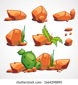 Cartoon set of desert stones with plants. Vector illustration.