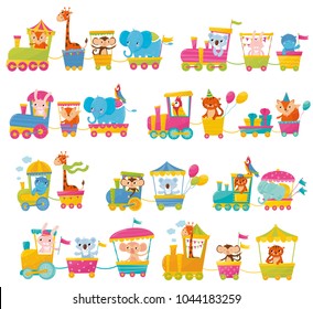 Cartoon set with different animals on trains. Fox, giraffe, monkey, elephant, koala, bunny, tiger, behemoth, parrot. Flat vector elements for postcard, book or print