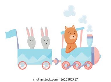 Cartoon set with different animals on trains
