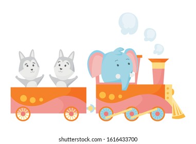 Cartoon set with different animals on trains