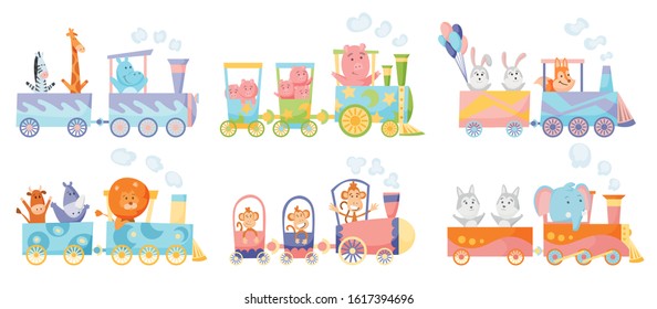 Cartoon set with different animals on trains. Fox