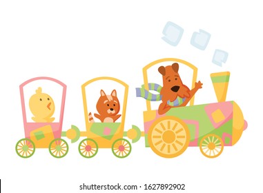 Cartoon set with different animals on trains.  