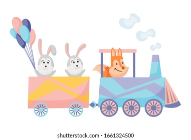 Cartoon set with different animals on trains. Fox
