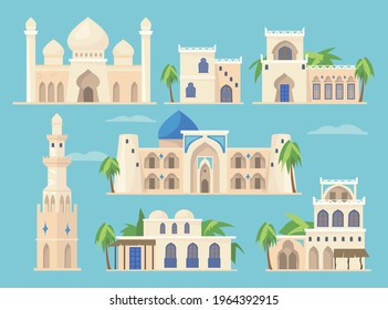 Cartoon set of different Arabic buildings in traditional style. Flat vector illustration. Islamic heritage, old African or Indian castles. Arabic, ancient architecture, Taj Mahal, bazaar concept