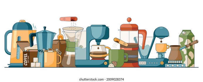Cartoon set of different brewing methods of coffee, jugs, mugs and kettles, electrical coffee machine and made by gas. Vector illustration in a flat style. Vector illustration