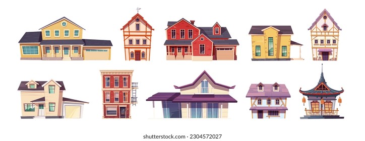 Cartoon set of different buildings isolated on white background. Vector illustration of American, European, Asian style architecture, house with garage, traditional Chinese temple, block of flats