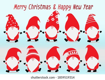 Cartoon set of different characters happy type of gnome or elf that wear red hood and red clothing like a Santa Claus on Christmas Day or Xmas day.Cute clipart for greeting card or wallpaper decor.  