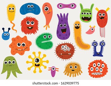 Cartoon set with different characters of microorganisms.Funny collection of bacterias, protists, microbes,viruses . Bright colored flat vector illustration  isolated on background