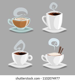 Cartoon set of different coffee cups. White and clean glass cups with cappuccino, black coffee, latte with heart draw milk cream. Vector illustrations isolated on grey background.