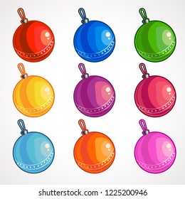 Cartoon set of different colored balls for a Christmas tree. Vector illustration