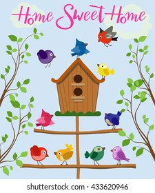 Cartoon set of different colorful birds near birdhouse isolated on blue background in flat style. Vector. Detailed illustration birds in flat style on blue background near birdhouse on the tree.