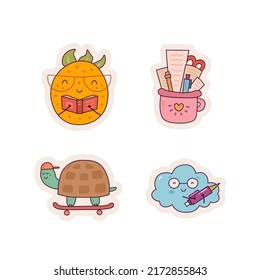 cartoon set of different cute kawaii stickers hand drawn vector illustration