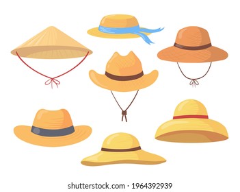 Cartoon set of different farmer straw hats. Flat vector illustration. Collection of colorful gardener or agricultural worker summer headdresses. Clothes, farming, style, fashion, headdress concept