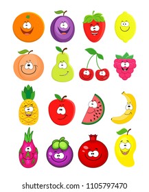 Cartoon set of different fruits.  Peach, lemon,  watermelon, cherry, pomegranate, pineapple, raspberry, mangosteen, orange, banana, plum, mango .  Vector illustration isolated on white background.