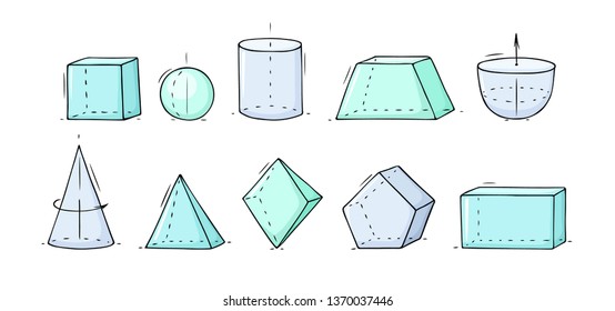 Cartoon set with different geometry figures. Doodle illustration about school and mathematics.