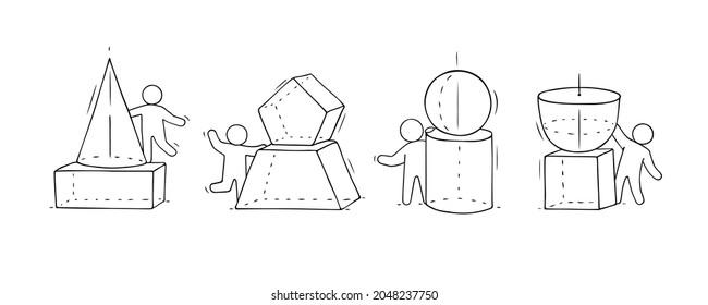 Juego de dibujos animados con diferentes figuras geométricas. Ilustración de dibujos sobre la escuela y las matemáticas.