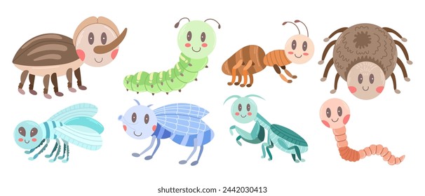 Cartoon set with different insects - spider, fly, mosquito, ant, mantis, worm, caterpillar. Vector illustration