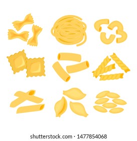 Cartoon set with the different kind of Italian pasta vector illustration isolated on white background.  Farfalle, penne, rigatoni, ravioli, fusilli, conchiglie, elbows, fettucine italian pasta 